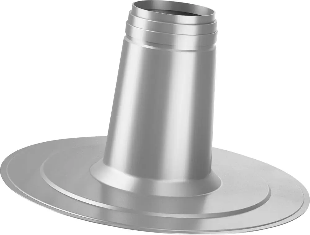 Flachdachflansch aus Metall mit konischem Hals, geeignet für Abgasleitungen. Teil des Abgaszubehörs von Bosch für die Verbindung und Abdichtung.